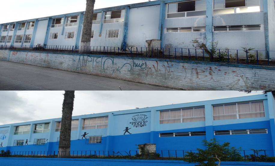 O Colégio Estadual Romário Martins, Piraquara, Região Metropolitana de Curitiba está revitalizado. O Programa Mãos Amigas finalizou na última semana a pintura dos muros, da fachada, das salas de aula e das paredes externas e internas da escola, além de reparos nos forros e novas instalações elétricas. Tudo para beneficiar mais de 1.500 estudantes dos ensinos fundamental e médio.Curitiba, 20/10/2017.Foto: Divulgação SEED